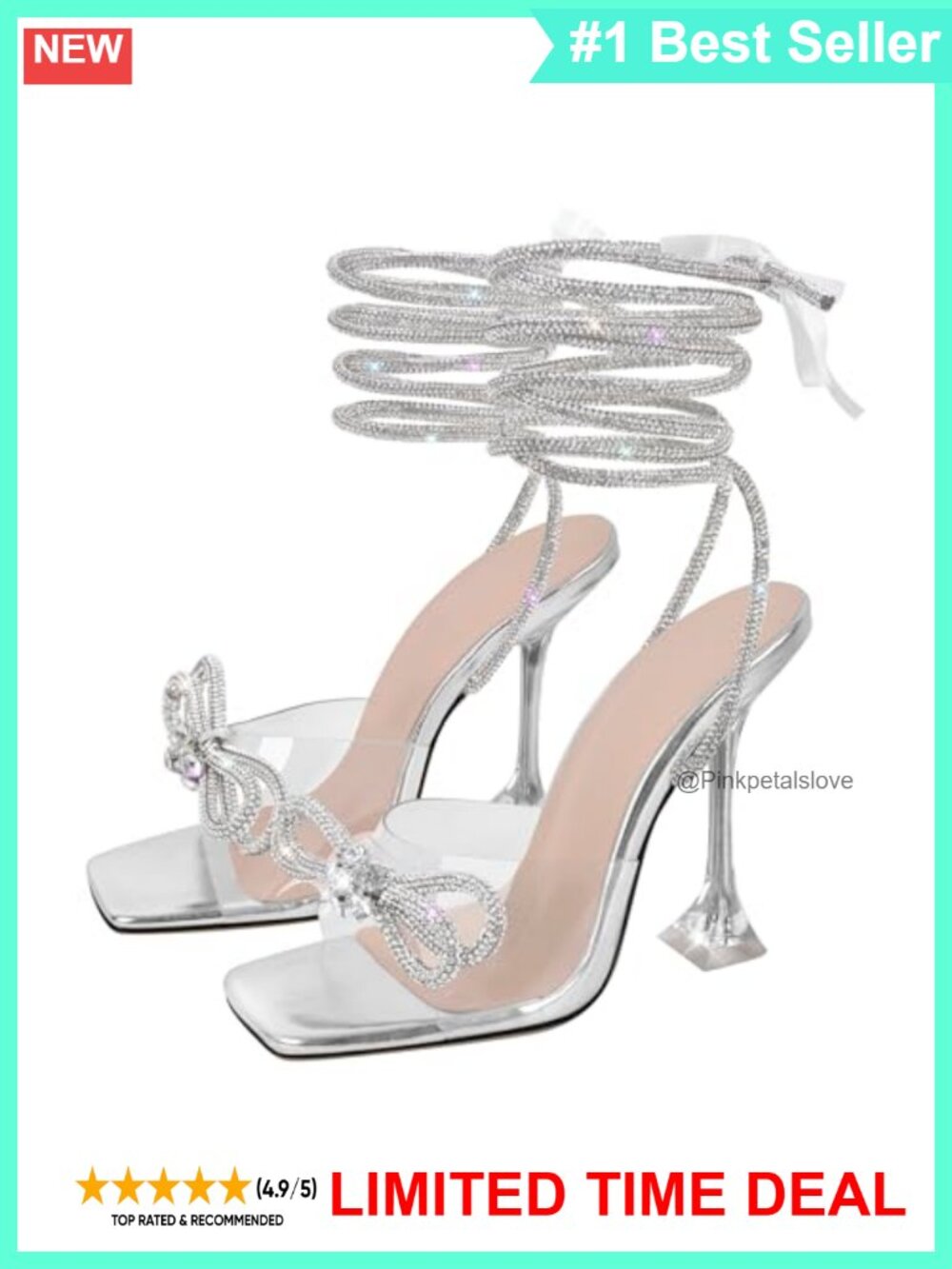 Lace Up Clear Heels with Rhinestone Bow Stiletto Sandals